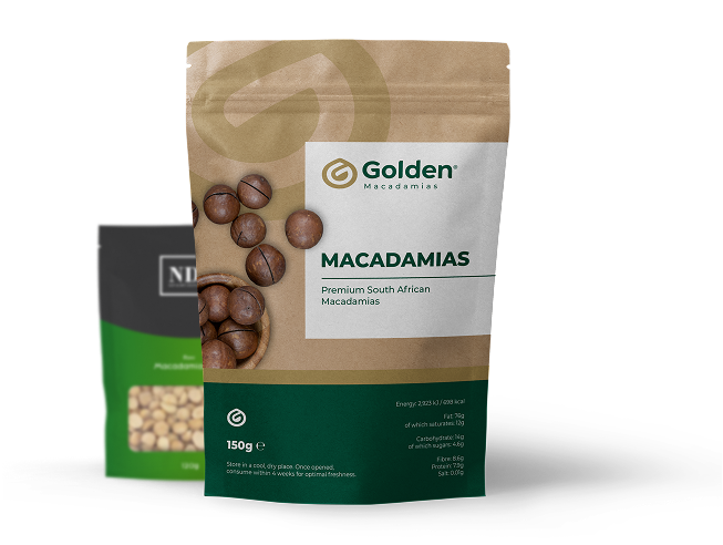 Golden Macadamias packaged macadamias
